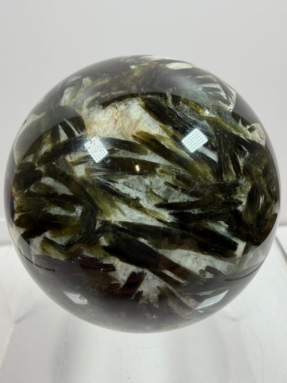 Green Mica And Garnet Sphere. 65mm. Rare Flashy Green Mica With Red Garnet. Gorgeous High Quality Crystal.