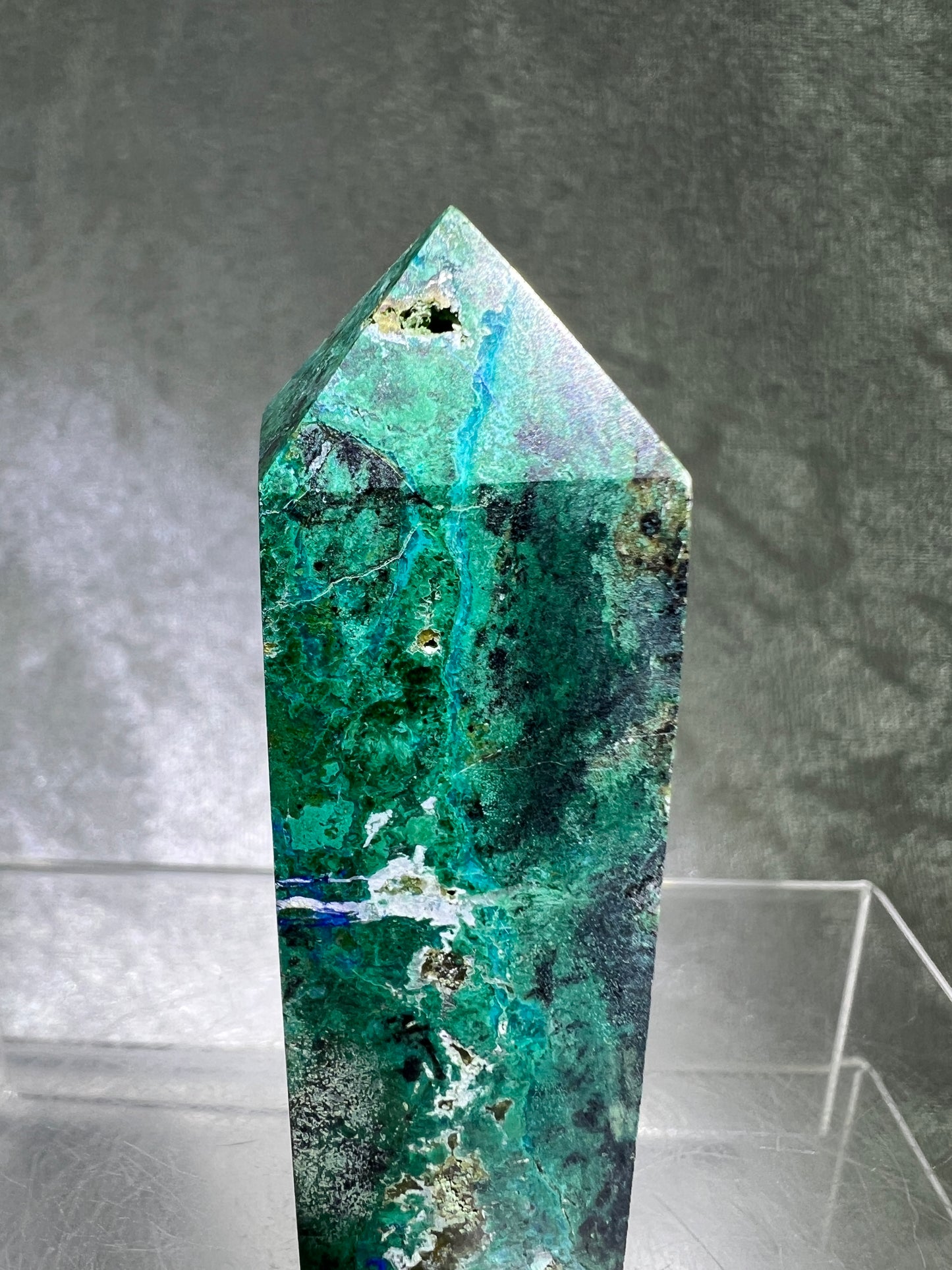 Azurite, Chrysocolla, And Malachite Druzy Tower. Rare And Beautiful Crystal Point.