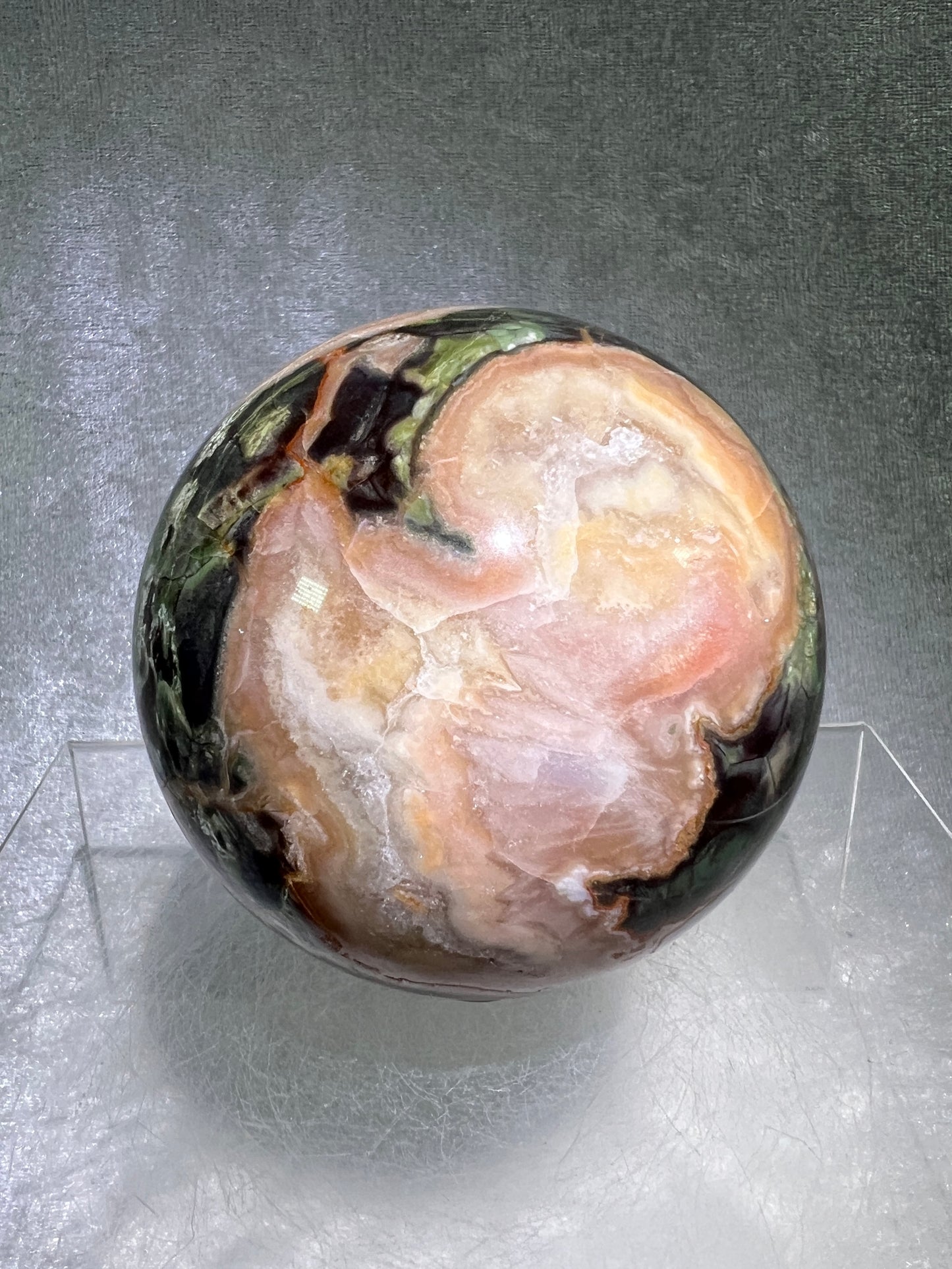 Money Agate Crystal Sphere. 78mm. Very Rare Shades Of Green. Stunning Indonesian Bloodstone. Amazing Colors And Patterns