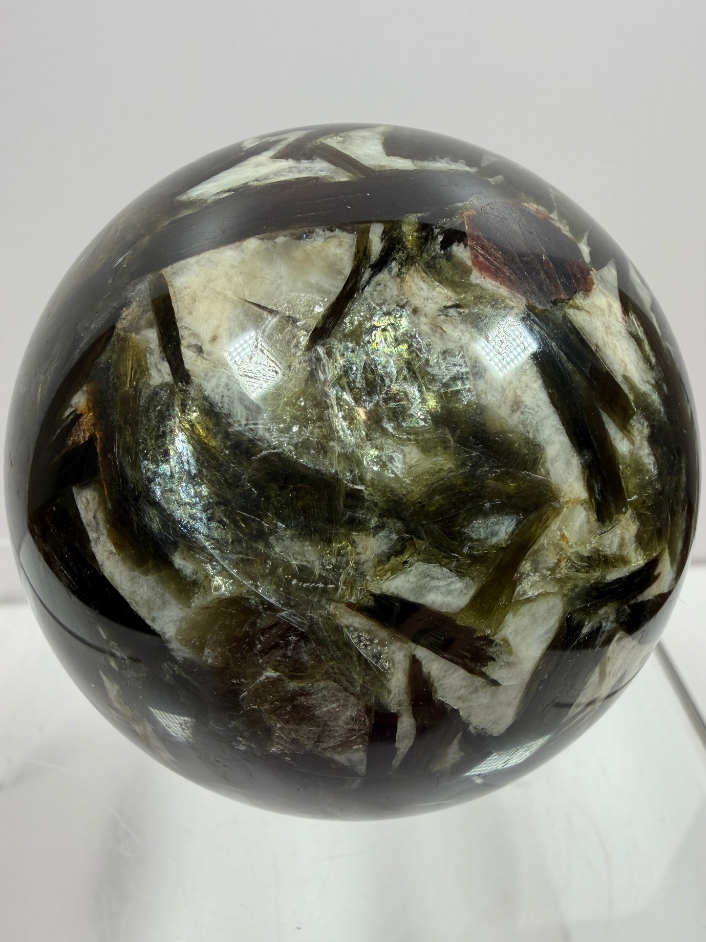Green Mica And Garnet Sphere. 65mm. Rare Flashy Green Mica With Red Garnet. Gorgeous High Quality Crystal.
