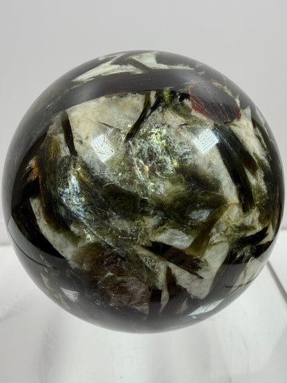 Green Mica And Garnet Sphere. 65mm. Rare Flashy Green Mica With Red Garnet. Gorgeous High Quality Crystal.