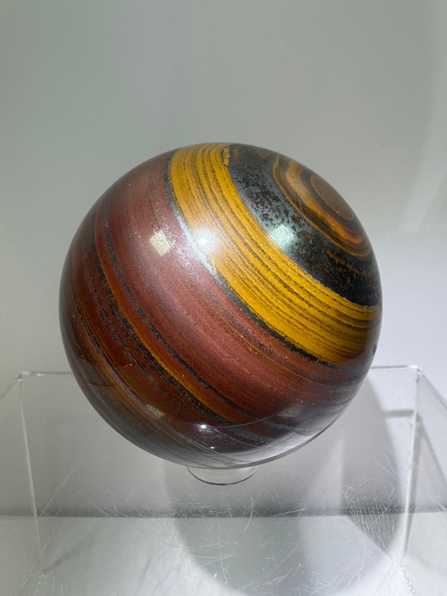 Tiger Iron Crystal Sphere. 61mm. Rare High Quality Display Sphere With Amazing Flash. Very Unique Dark Colors