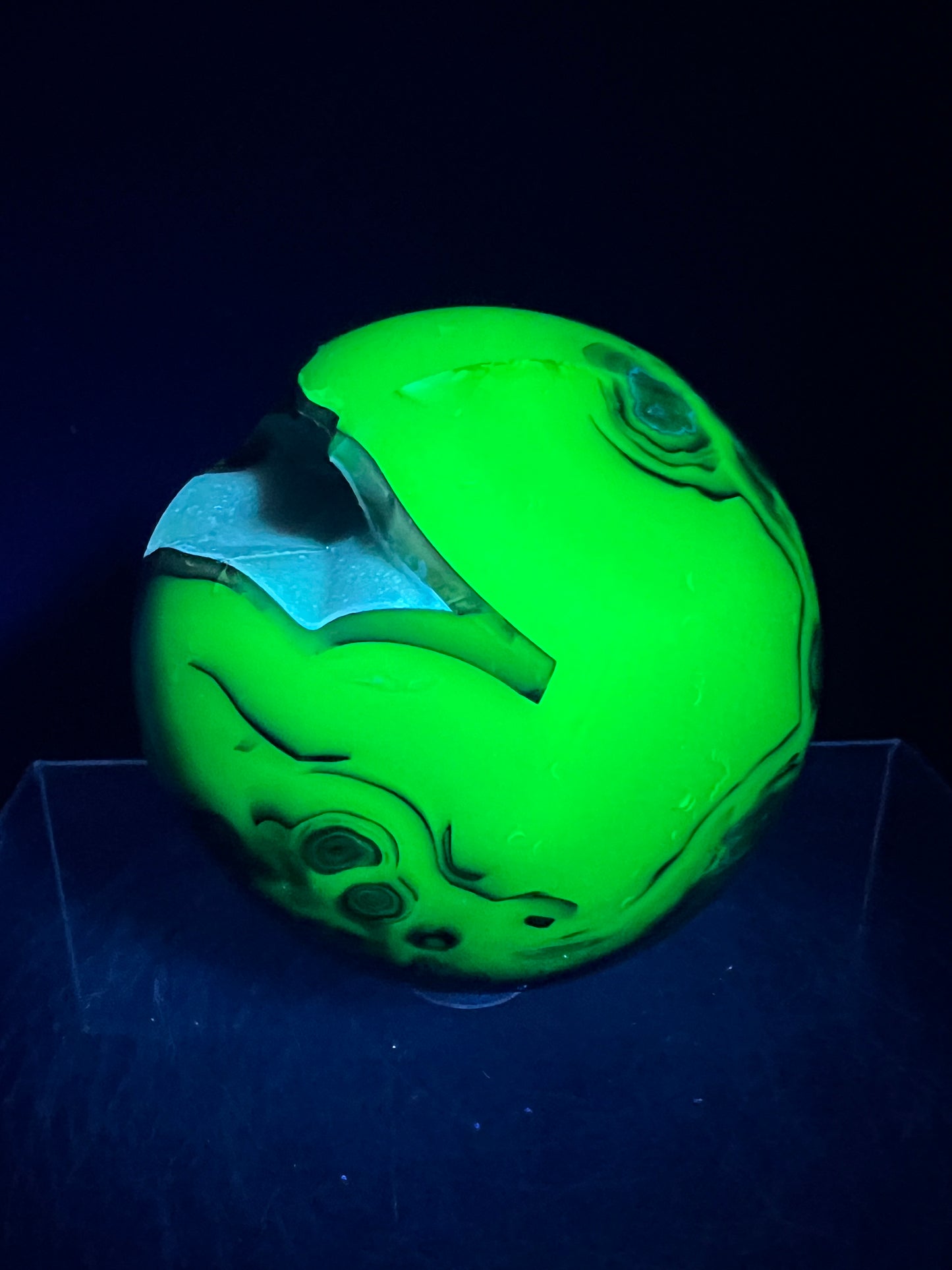 Volcano Agate Sphere. 71mm. Gorgeous Blue Druzy. Intense Green UV Reactive Sphere. Awesome Color Contrast.
