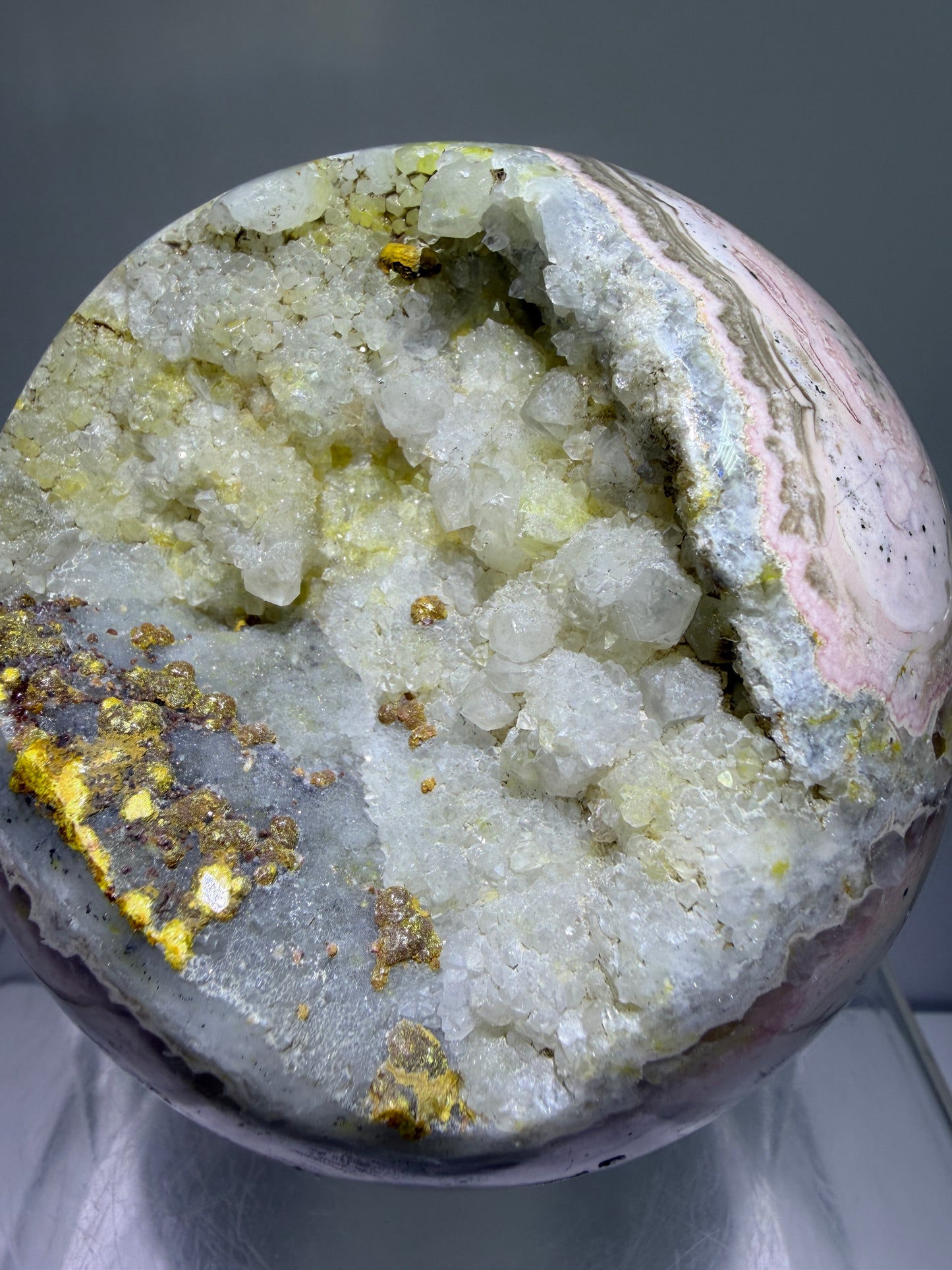 Rhodochrosite Crystal Sphere. 92mm. XL Rare Druzy Display Sphere. Amazing Druzy And Banding