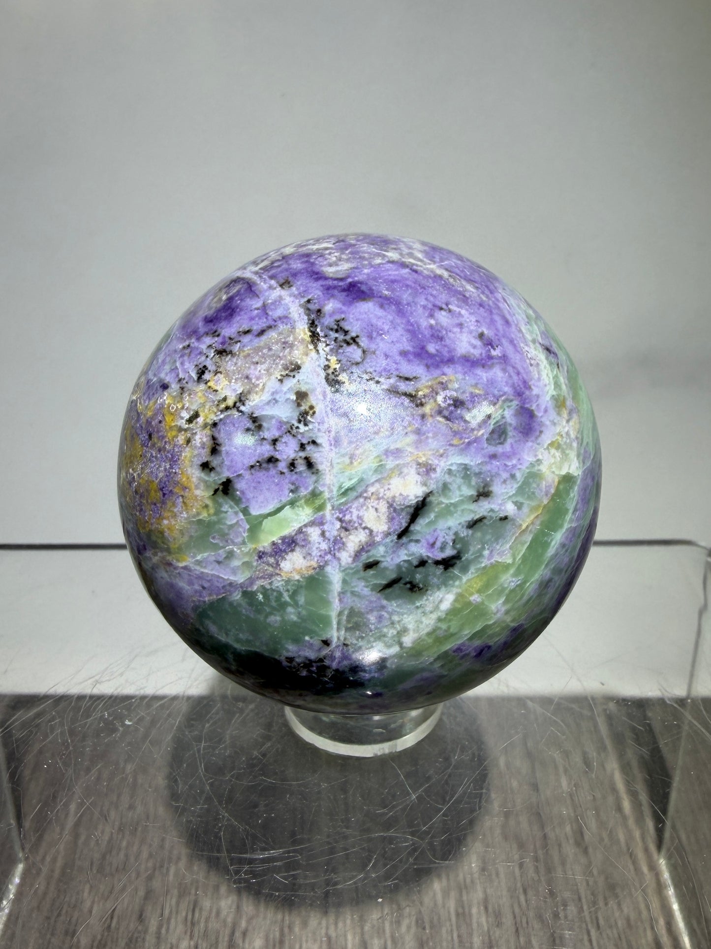 Bolivianite Crystal Sphere. 44mm. Beautiful Combination Of Fluorite And Serpentine. Amazing Rare New Material.