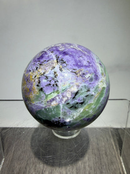 Bolivianite Crystal Sphere. 44mm. Beautiful Combination Of Fluorite And Serpentine. Amazing Rare New Material.