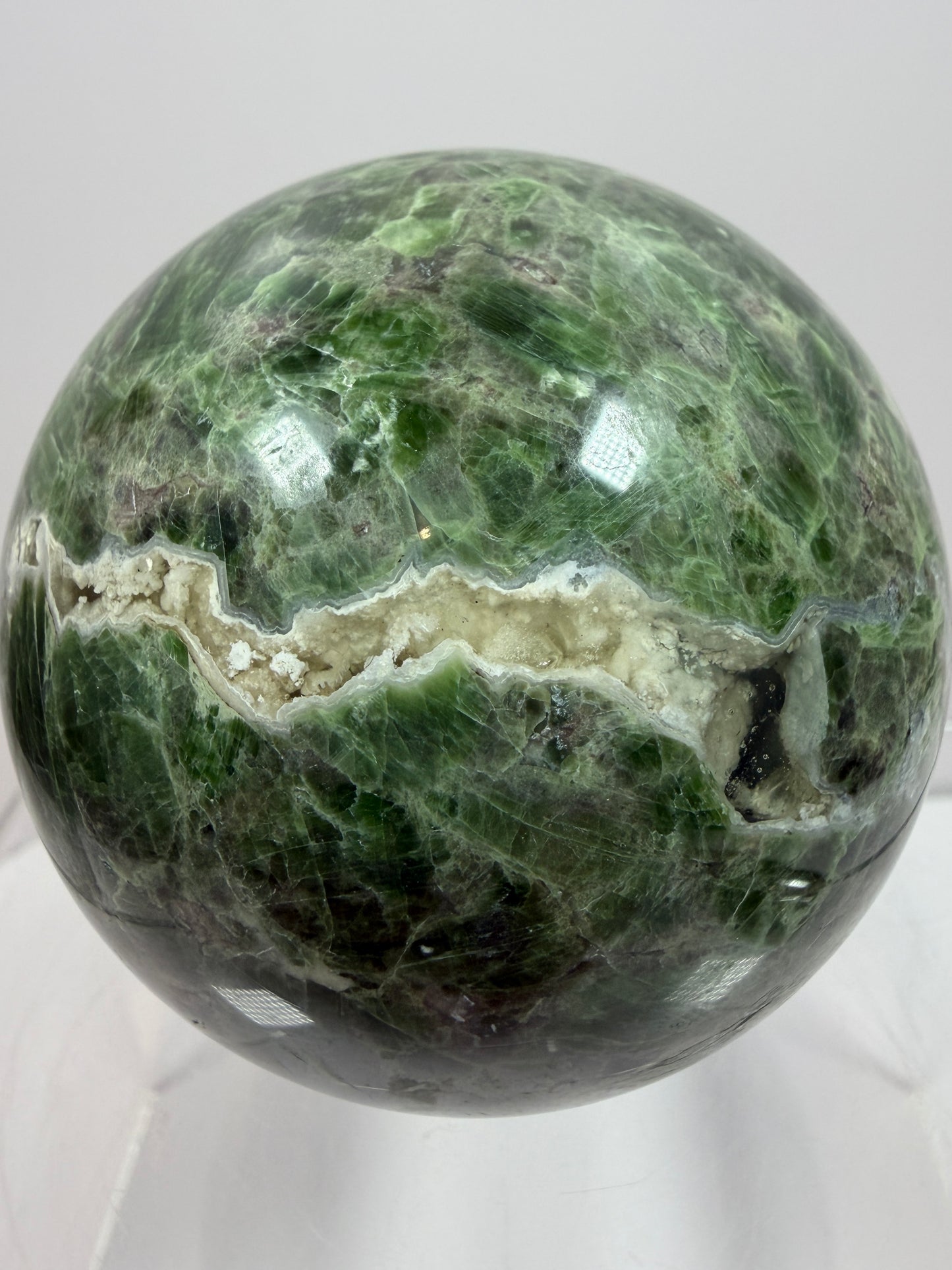 Diopside Crystal Sphere. 68mm. Very Rare And Unique Display Sphere. Lots Of Beautiful Flash