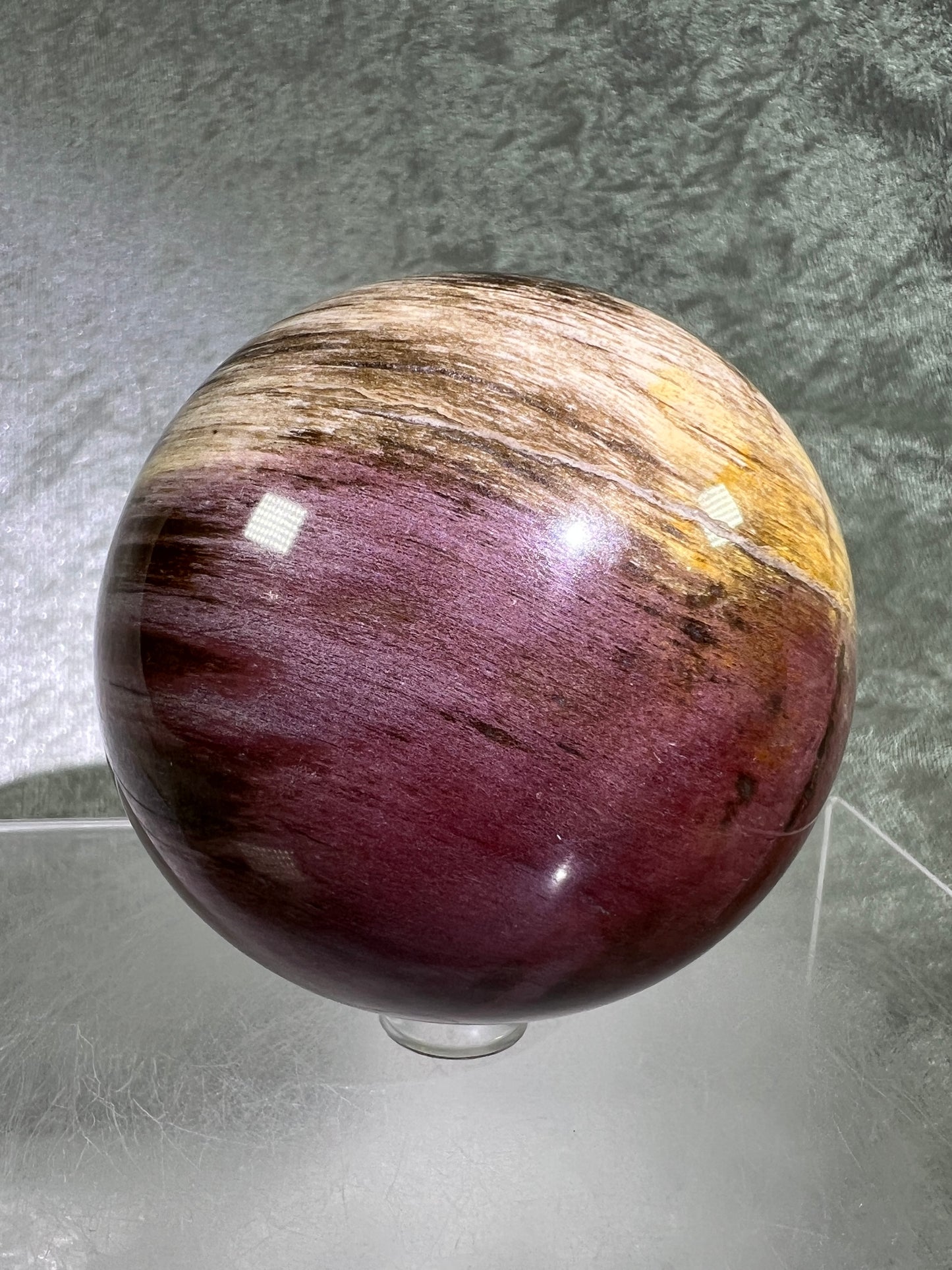 Petrified Wood Sphere. 74mm. Gorgeous Rare Display Sphere From Madagascar. Stunning Colors And Patterns.