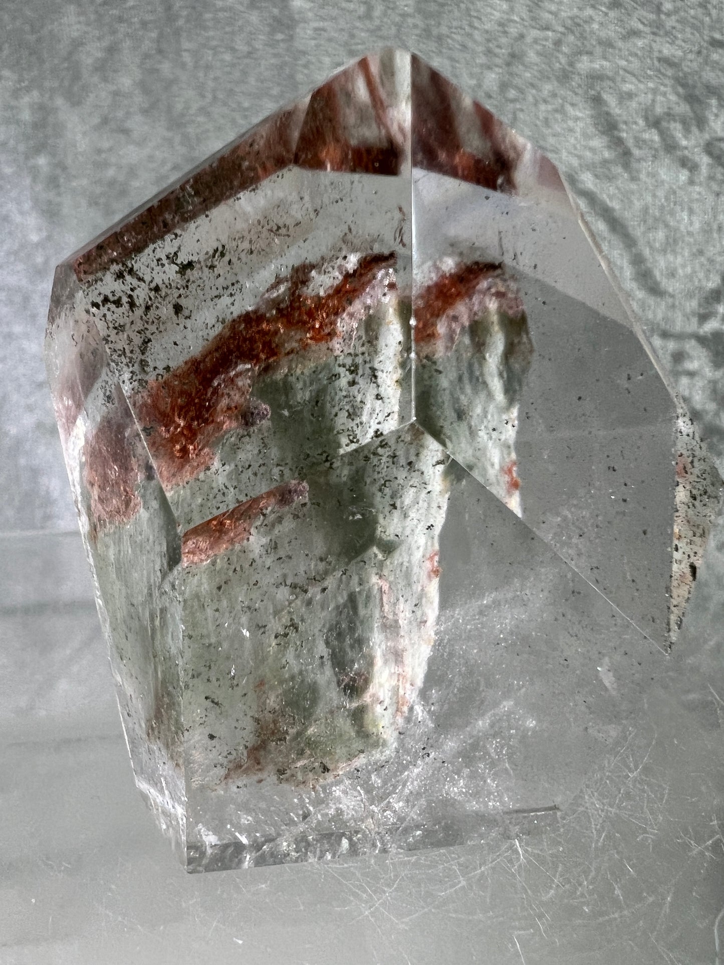 Garden Quartz Polished Freeform. Stunning Green And Orange Landscape Quartz. Incredible Standing Lodolite Freeform.