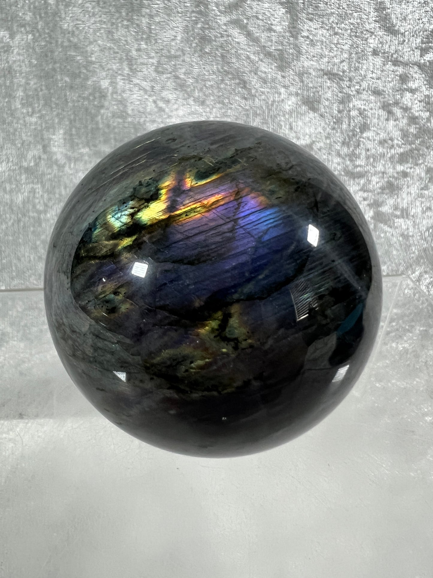 Labradorite Crystal Sphere. 62mm. Gorgeous Purple Rainbow Flash. Rare Color Display Sphere.