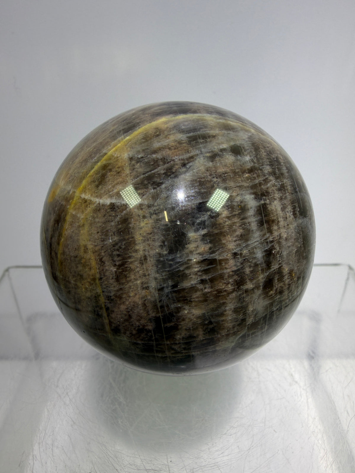 Black Moonstone Crystal Sphere. 55mm. Stunning Bright Silver Flash. High Quality Display Sphere
