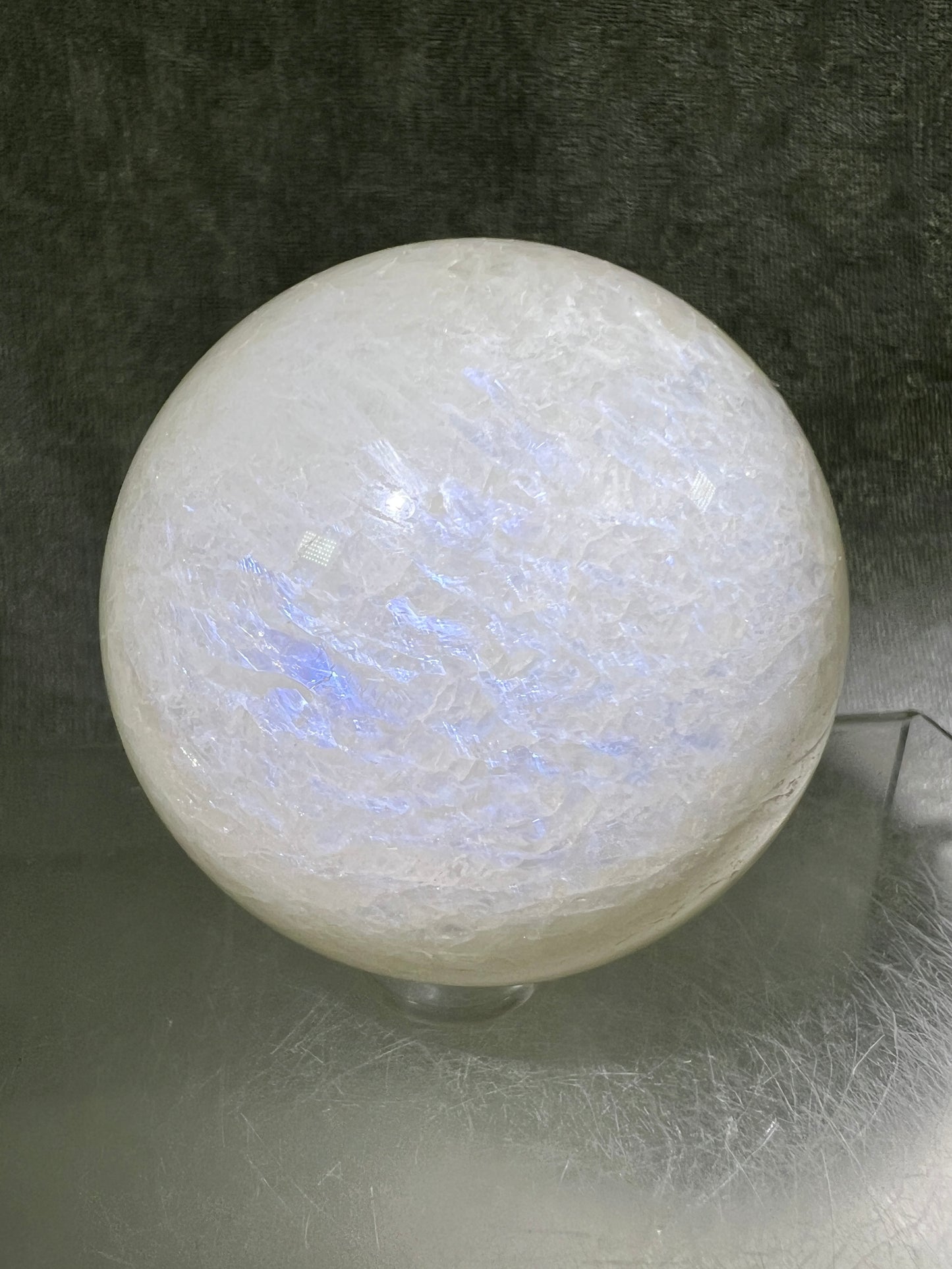 White Moonstone Crystal Sphere. Amazing Moonstone With A Stunning Blue Flash. High Quality Rare Display Sphere