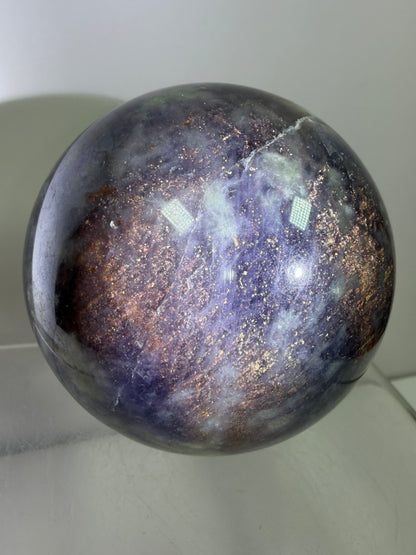 Bloodshot Iolite Sphere. 67mm. Rare Galaxy Iolite Sunstone Display Sphere. Amazing And Colorful Flash!