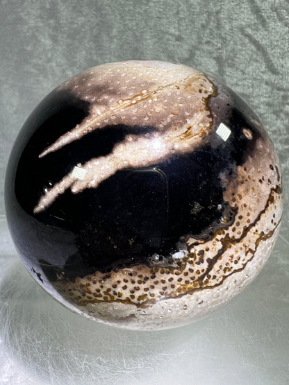 Palm Root Agate Sphere. 77mm. Gorgeous Fossilized Black Palm Root Agate. Very High Quality Crystal Sphere.