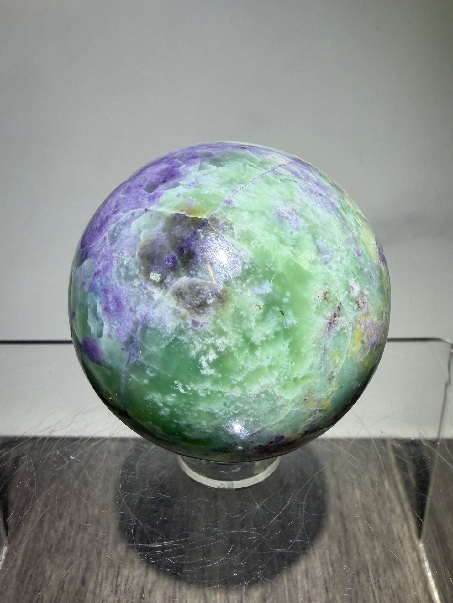 Bolivianite Crystal Sphere. 44mm. Beautiful Combination Of Fluorite And Serpentine. Amazing Rare New Material.