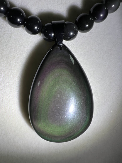 Rainbow Obsidian Pendant. Gorgeous Teardrop Cabochon. Custom Made Beaded Necklace. High Quality Jewelry