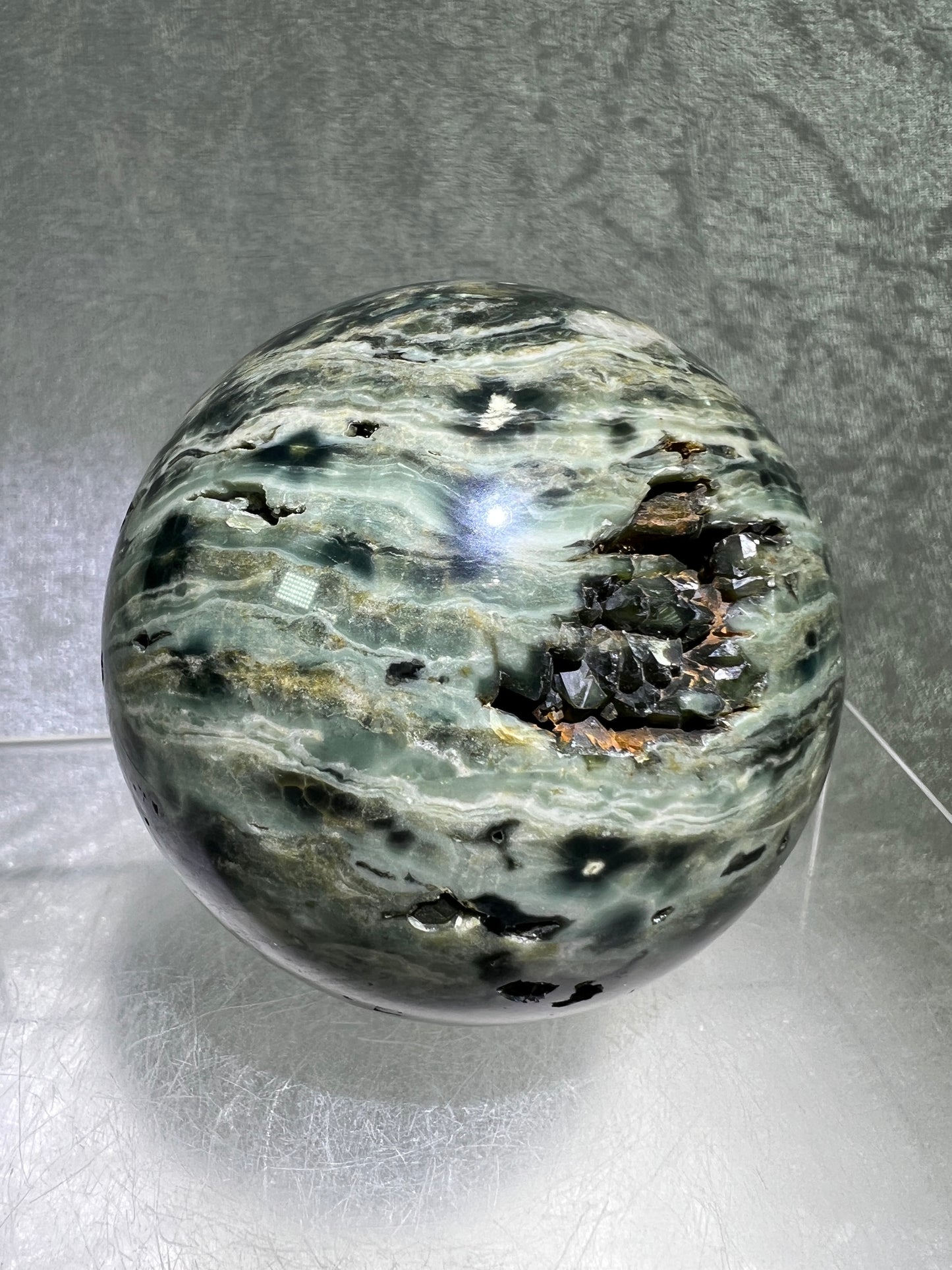 Ocean Jasper Sphere. 69mm. Very Cool Green Druzy. Stunning And Unique Display Sphere.
