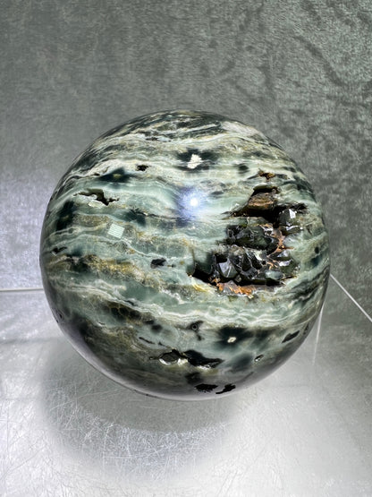 Ocean Jasper Sphere. 69mm. Very Cool Green Druzy. Stunning And Unique Display Sphere.