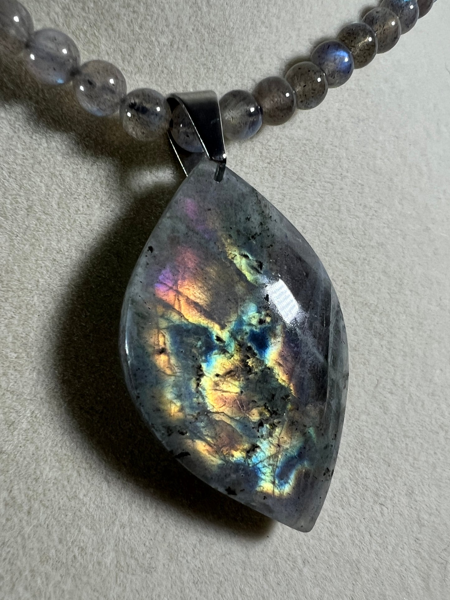 Labradorite Crystal Pendant. Stunning High Quality Jewelry. Custom Made Labradorite Beaded Necklace