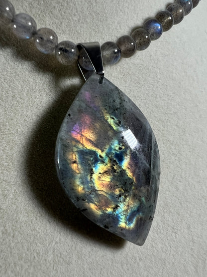 Labradorite Crystal Pendant. Stunning High Quality Jewelry. Custom Made Labradorite Beaded Necklace