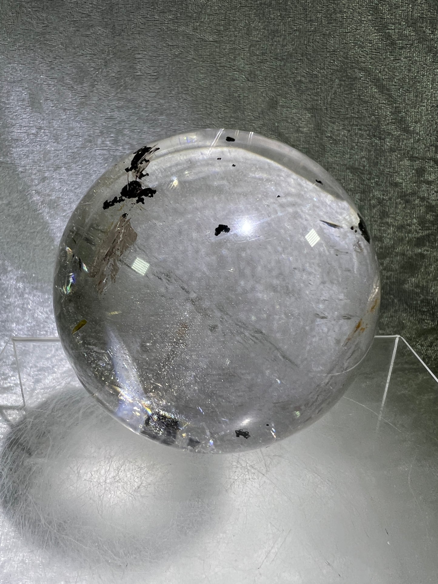 Rutile Quartz Sphere. 75mm. Large High Quality Display Sphere. Gorgeous Garden Quartz, Big Rainbows, And Golden Rutile Inclusions.