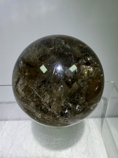 Rutile Quartz Sphere. 47mm. Unique Smoky Quartz With Stunning Golden Rutile Inclusions.