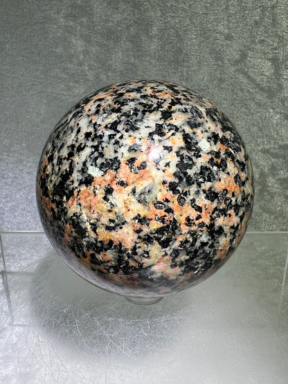 Morning Rose Granite Sphere. 71mm. Gorgeous Orange Granite With Lots Of Mica Flash. Unique Display Crystal From Peru.