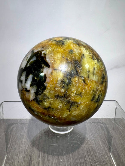 Yellow Tourmaline And Black Mica Sphere. 54mm. Rare New Discovery. Stunning And Flashy Display Sphere.