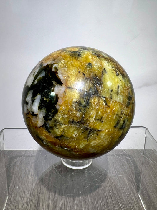 Yellow Tourmaline And Black Mica Sphere. 54mm. Rare New Discovery. Stunning And Flashy Display Sphere.