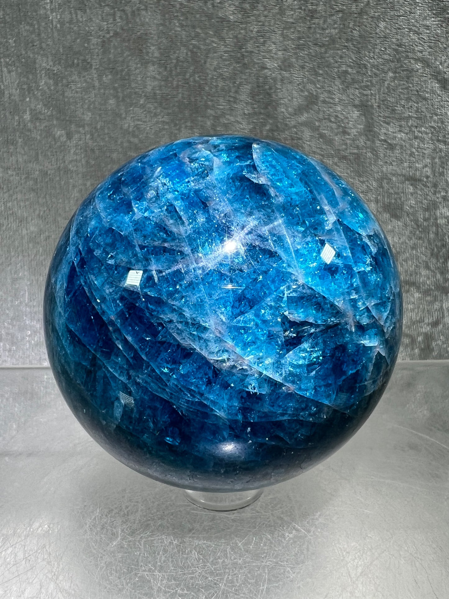 Blue Apatite Crystal Sphere. 60mm. Gorgeous Deep Blue With Lots Of Iridescent Flash. High Quality Display Sphere