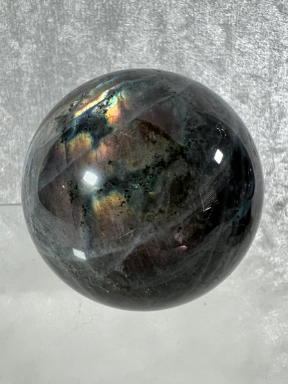 Labradorite Crystal Sphere. 64mm. Very Rare Pink And Purple Rainbow Flash. Gorgeous Display Sphere.