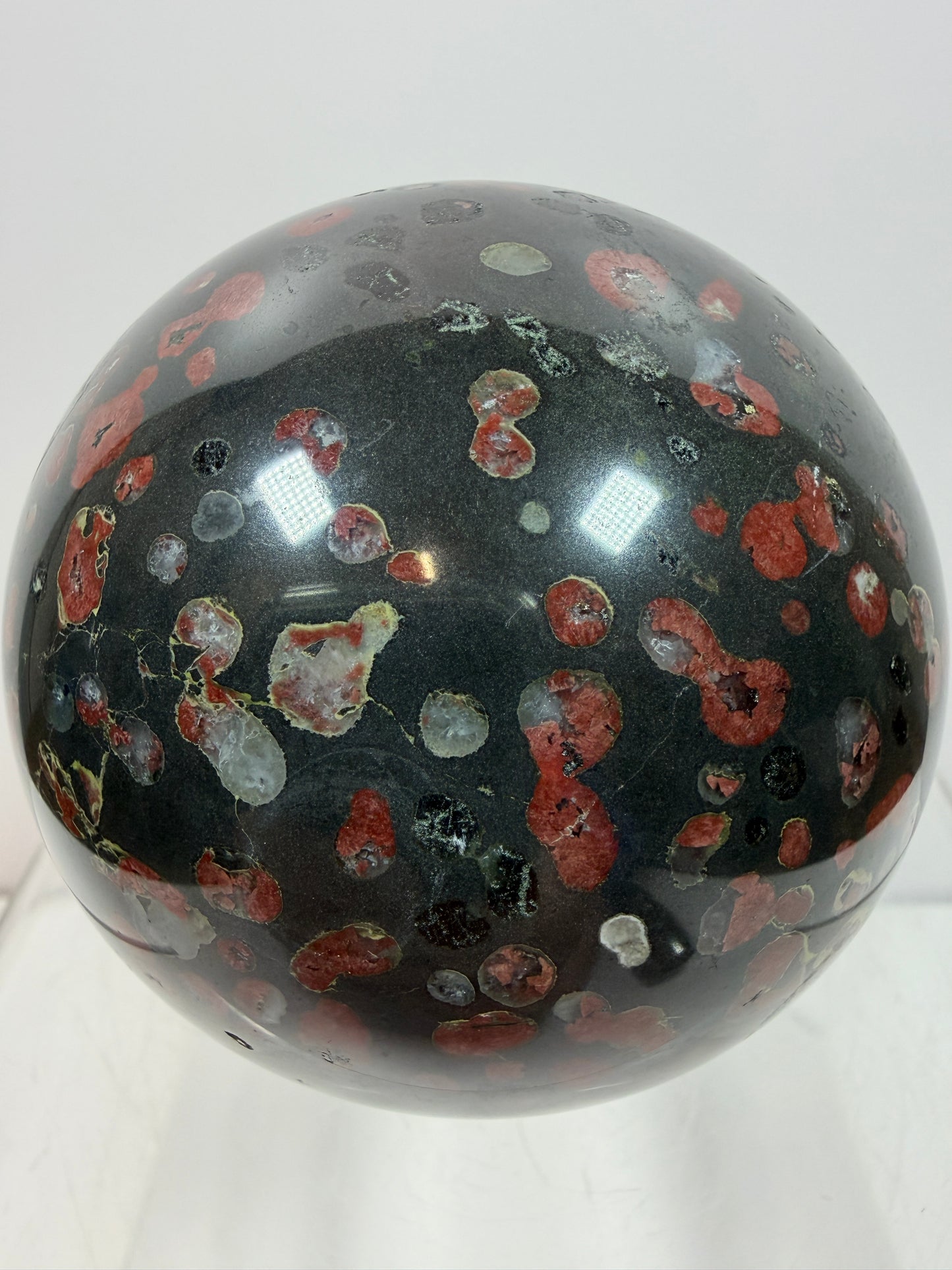 Plum Blossom Jade Sphere: 72mm. Gorgeous Large Display Sphere. Beautiful Color Contrast
