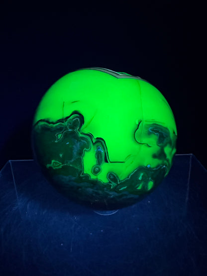 Volcano Agate Sphere. 71mm. Gorgeous Blue Druzy. Intense Green UV Reactive Sphere. Awesome Color Contrast.