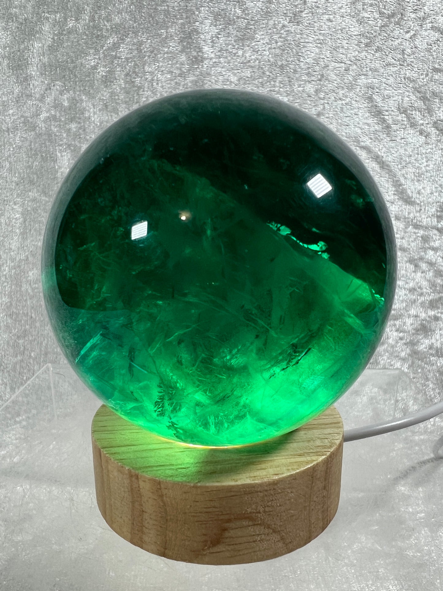 Green Fluorite Sphere. 76mm. Rare Emerald Green Fluorite. Comes With A White Light Stand. Gorgeous High Quality Crystal