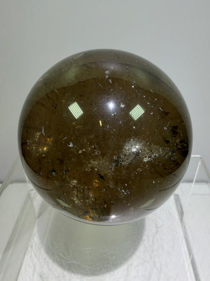 Rutile Quartz Sphere. 70mm. Large Smoky Quartz With Rare Golden Rutile Inclusions. Nice Quality Display