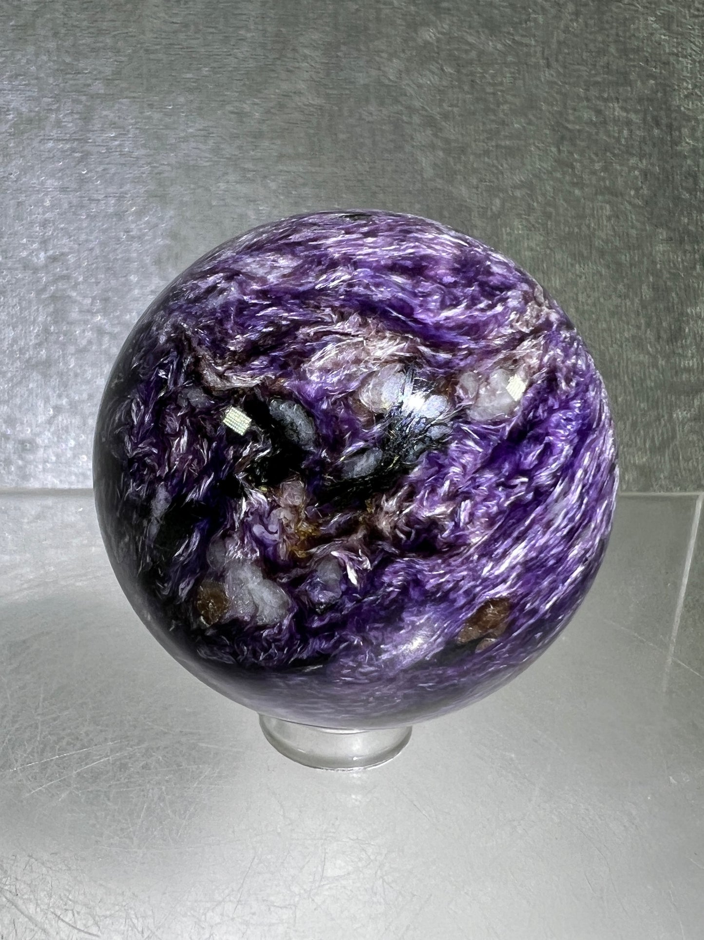 Charoite Crystal Sphere. 49mm. High Quality Beautiful Crystal. Amazing Patterns And Flash. Stunning UV Reaction.