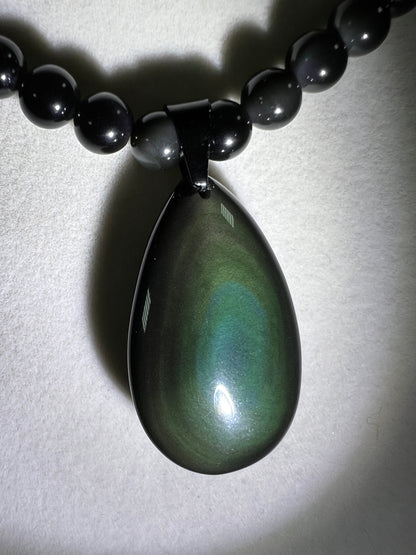 Rainbow Obsidian Pendant. Gorgeous Teardrop Cabochon. Custom Made Beaded Necklace. High Quality Jewelry