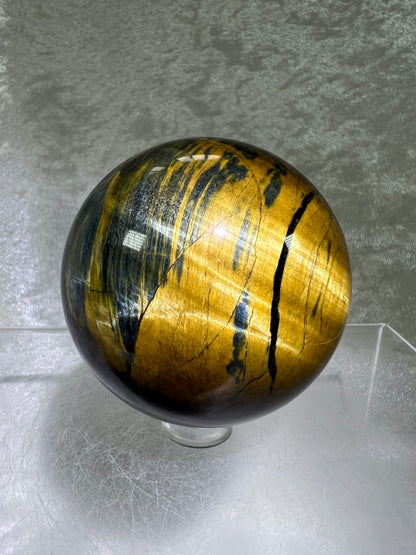 Blue Tigers Eye Sphere. Rare Blue And Gold Hawks Eye Crystal. Beautiful Colors And Flash