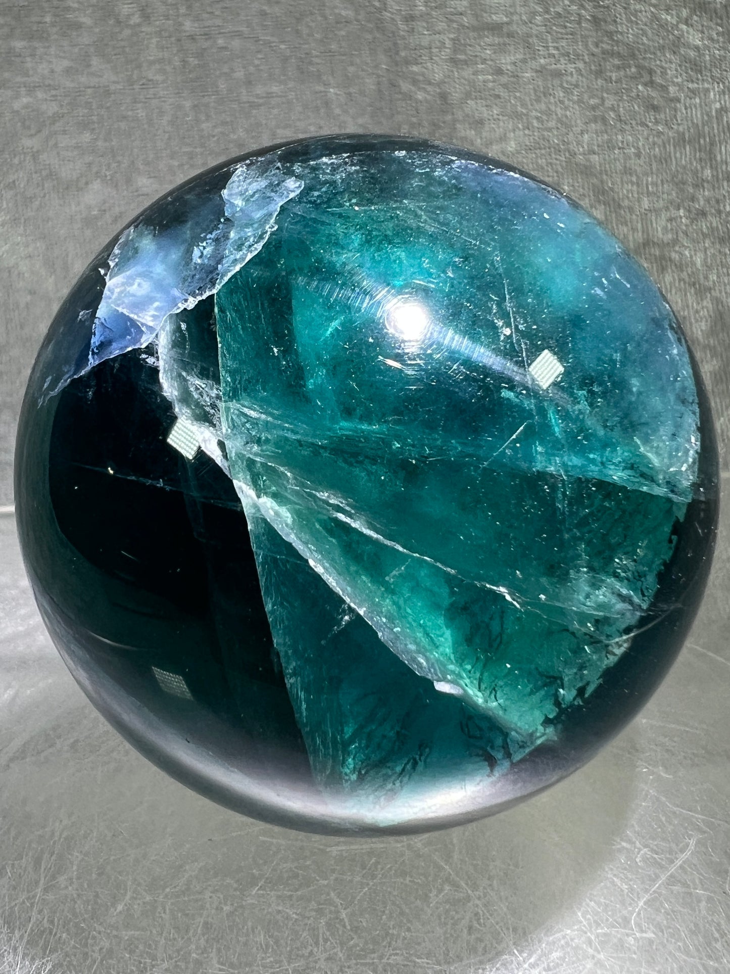 Blue Fluorite Sphere. 61mm. Gorgeous Rare Blue Fluorite. Amazing Dendritic And Rainbow Inclusions.