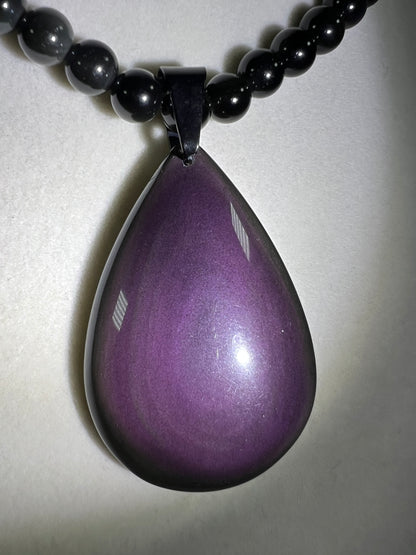 Rainbow Obsidian Pendant. Gorgeous Teardrop Cabochon. Custom Made Beaded Necklace. High Quality Jewelry