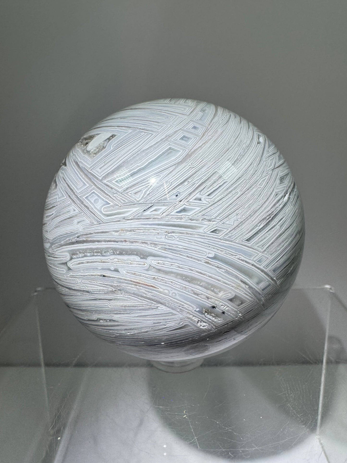 White Mexican Crazy Lace Sphere. 66mm. Beautiful Mexican Agate Sphere. Incredible Druzy And Banding.