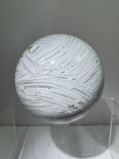 White Mexican Crazy Lace Sphere. 66mm. Beautiful Mexican Agate Sphere. Incredible Druzy And Banding.