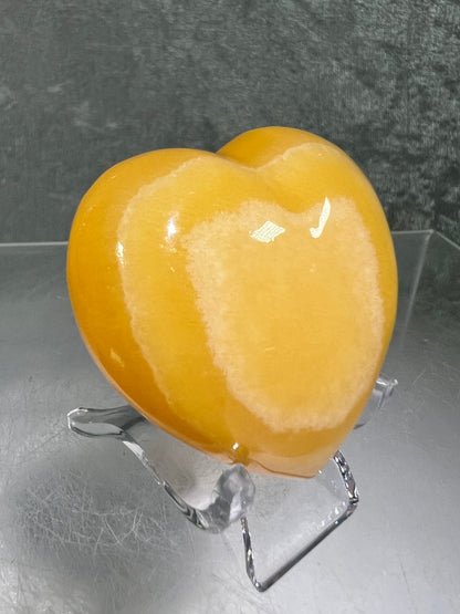Orange Calcite Heart Carving. Very Pretty Calcite Carving From Mexico. Stand Included