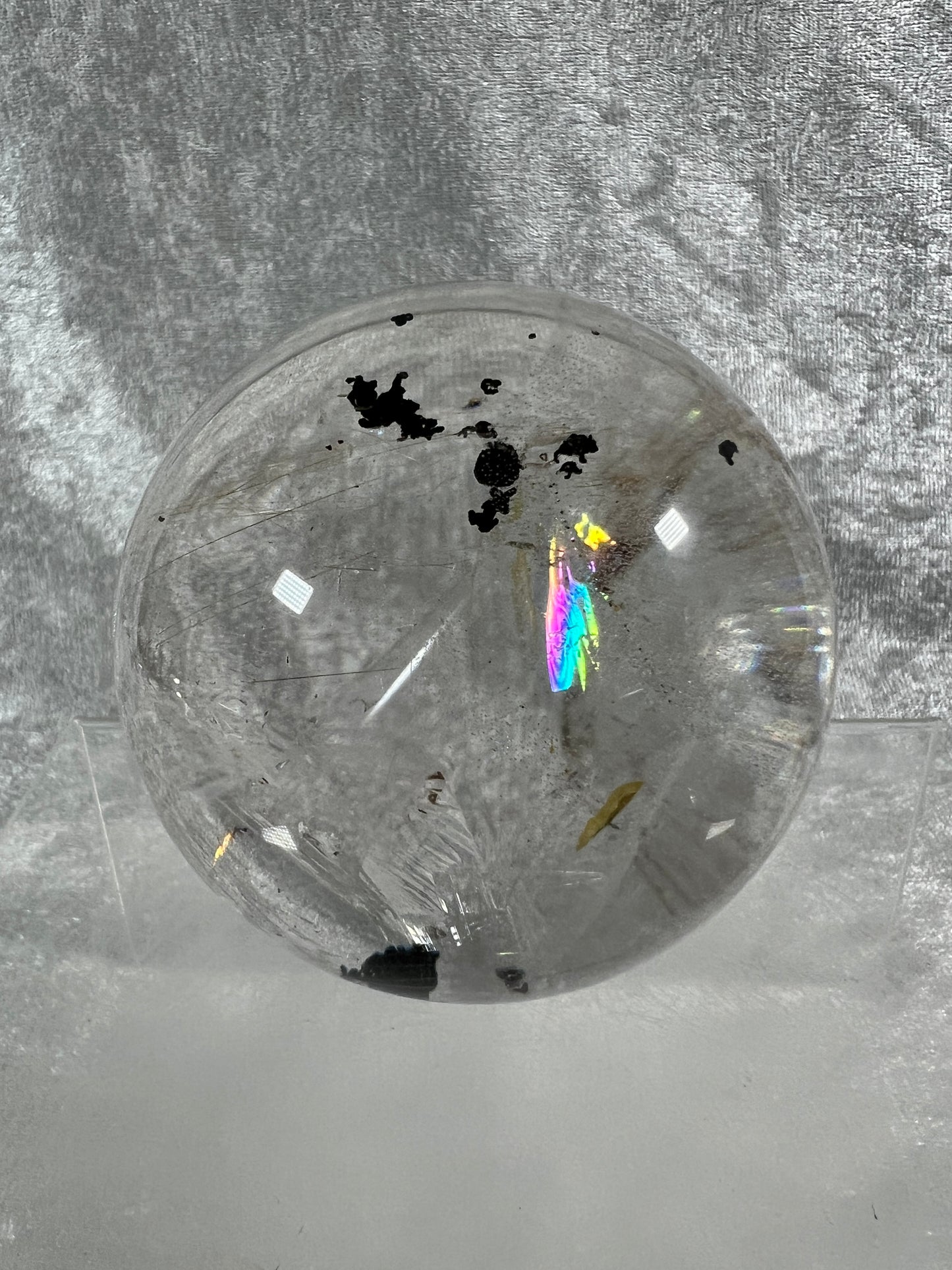 Rutile Quartz Sphere. 75mm. Large High Quality Display Sphere. Gorgeous Garden Quartz, Big Rainbows, And Golden Rutile Inclusions.
