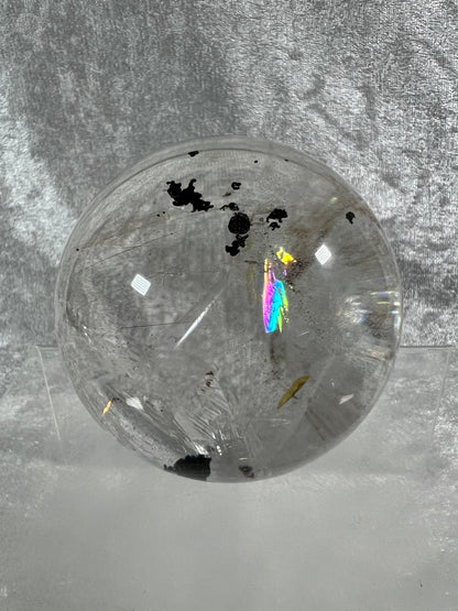Rutile Quartz Sphere. 75mm. Large High Quality Display Sphere. Gorgeous Garden Quartz, Big Rainbows, And Golden Rutile Inclusions.