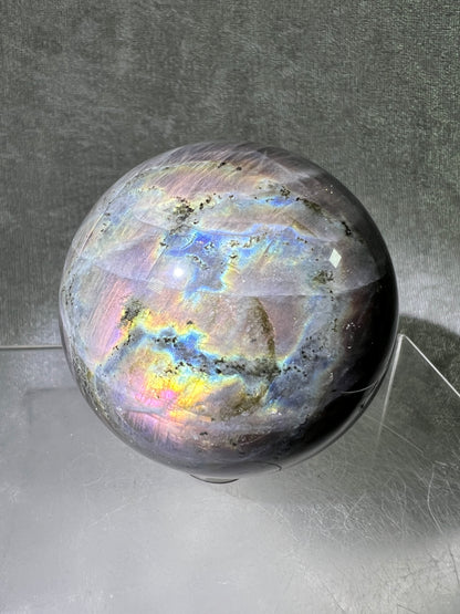 Labradorite Crystal Sphere. 64mm. Very Rare Pink And Purple Rainbow Flash. Gorgeous Display Sphere.
