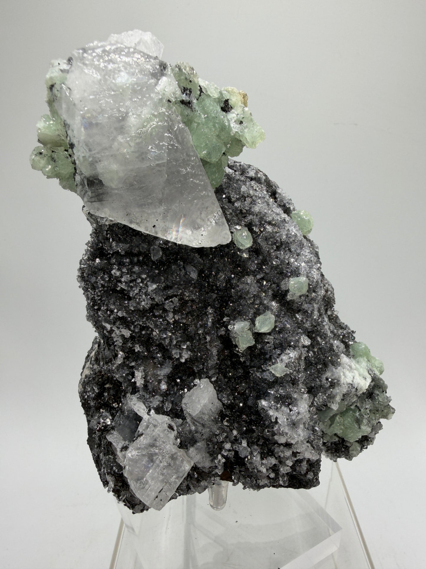 Rare Babingtonite, Prehnite, And Calcite Cluster. High Quality Mineral Specimen From Sichuan Province China. Amazing Rare Display Crystal.