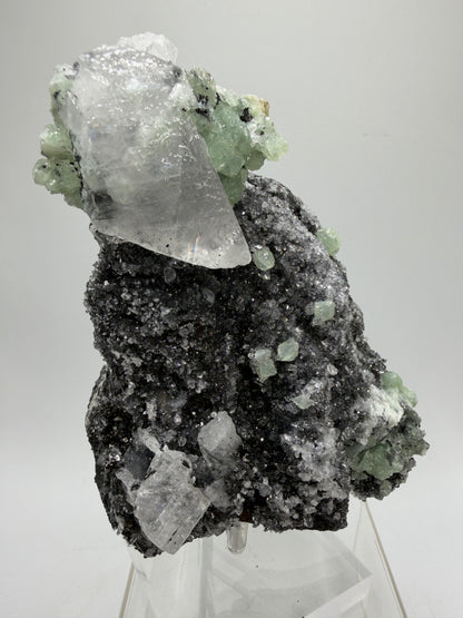Rare Babingtonite, Prehnite, And Calcite Cluster. High Quality Mineral Specimen From Sichuan Province China. Amazing Rare Display Crystal.