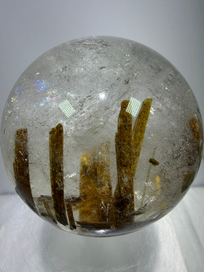 Tourmaline Quartz Sphere. Rare Tourmaline Sphere With Rainbows. Tourmalinated Quartz Display Crystal