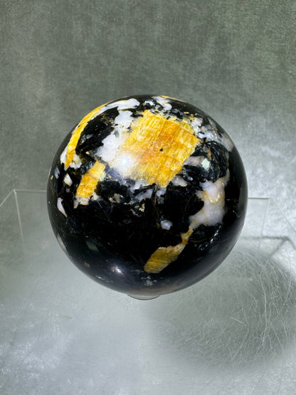 Yellow Tourmaline And Black Mica Sphere. 62mm. Rare New Discovery. Stunning And Flashy Display Sphere.